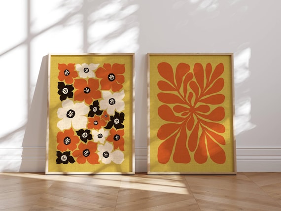 Retro Flower Poster Set, Set Of 2 Prints, 70s Wall Art, Funky Wall Art, 60s Wall Decor, Colorful Retro Art, Mcm Wall Art, 70s Inspired
