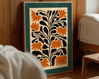 Stampa floreale in stile Matisse: arte botanica color arancio bruciato e verde acqua, arredamento moderno di metà secolo.