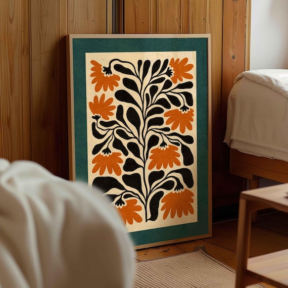 Matisse Style Floral Print — Burnt Orange & Teal Botanical Art, Mid Century Modern Decor
