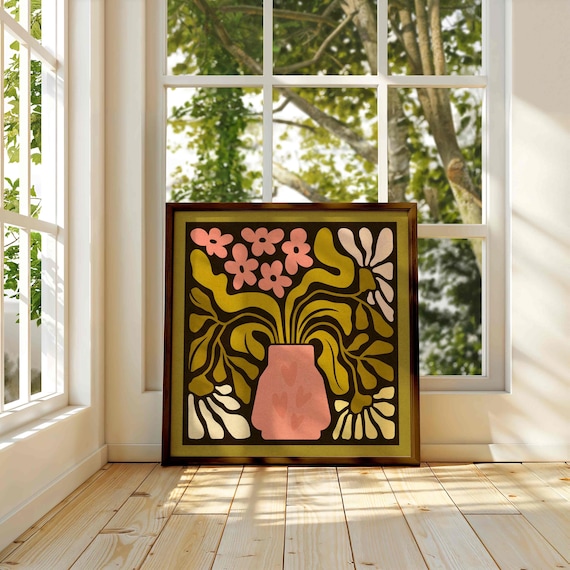 Groovy 70s Floral Print: Olive Green & Blush Retro Botanical Art, Mid Century Modern Decor