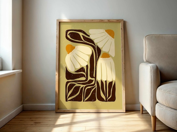 Retro Floral Wall Art – Vintage Daisy Print in Olive, Cream and Ochre, Neutral Matisse Style Botanical Poster, Mid Century Modern Boho Decor
