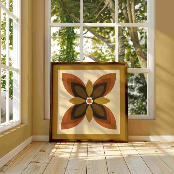 70s Retro Floral Print — Terracotta & Mustard Botanical Art, Mid Century Modern Boho Decor