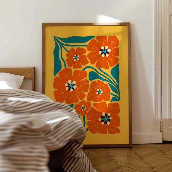 Abstract Poppy Floral Print: Retro 70s Mid-Century Modern Wall Art, Maximalist Boho Decor