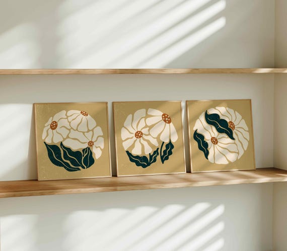 Retro Floral Print Set: Mid Century Modern Botanical Art, Vintage Boho Decor