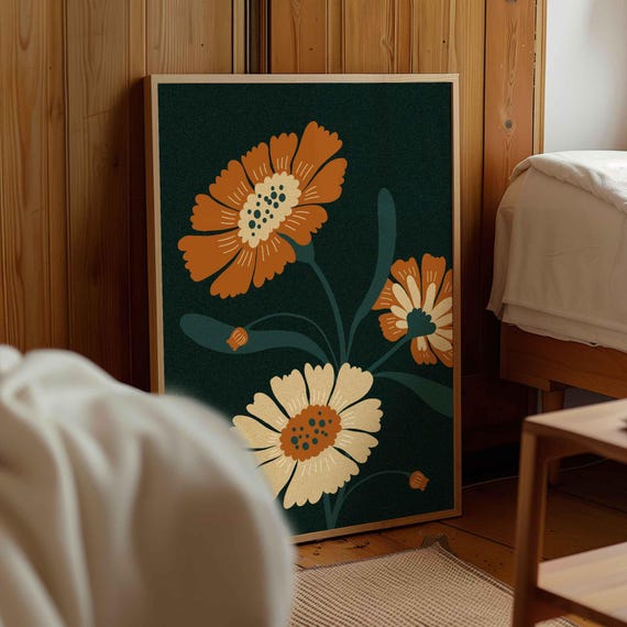 Retro Flower Print — Mid Century Modern Botanical Wall Art, 70s Decor