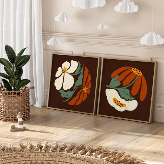 Retro Floral Wall Art, Abstract Matisse-Inspired Botanical Prints in Warm Colors – 70s Style Vintage Wall Decor for Mid Century & Boho Homes