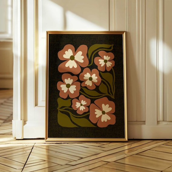 Moody Retro Floral Print, Vintage Flower Poster in Warm Earthy Tones, 70s Style Botanical Wall Art for Mid Century and Boho Home Decor