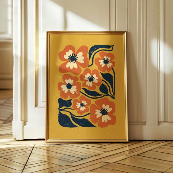 Retro Floral Wall Art – 70s Style Botanical Print in Mustard and Orange, Mid Century Modern Boho Poster for Vintage Home Decor