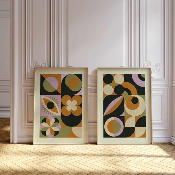 Geometric Bauhaus Print Set: Mid Century Modern Wall Art, Retro Boho Home Decor