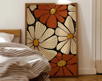 70s Retro Blumenmuster: Boho Blumenbild, Mid Century Modern Dekoration