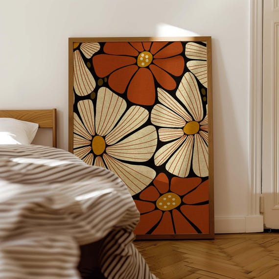 70s Retro Floral Print: Boho Botanical Wall Art, Mid Century Modern Decor
