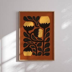 Estampado floral de flores abstractas en estilo retro moderno de mediados de siglo de los años 70: estampado botánico vintage elegante con un encanto atrevido y tonos terrosos.