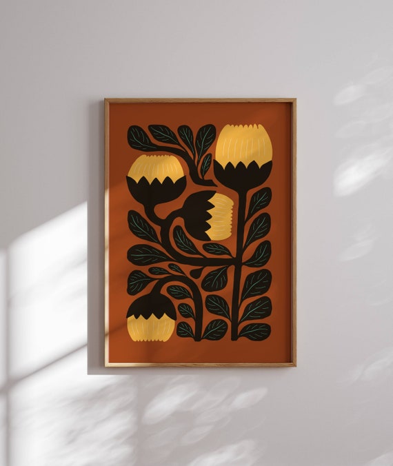 Floral Print of Abstract Flowers in 70s Retro Mid-Century Modern Style — Groovy Vintage Botanical Print with Bold Charm and Earthy Tones.