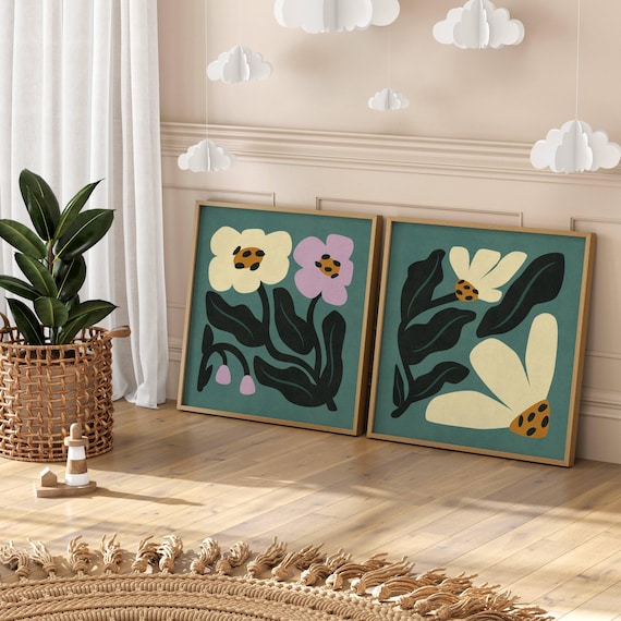 Colorful Retro Floral Wall Art, Abstract Matisse-Inspired Botanical Prints – Groovy 70s Style Wall Decor for Mid Century & Boho Spaces