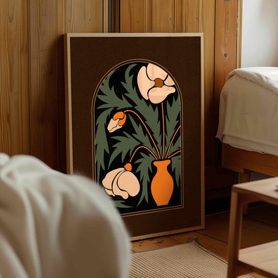 Retro Poppy Print — Mid Century Botanical Art, Vintage Floral Wall Decor