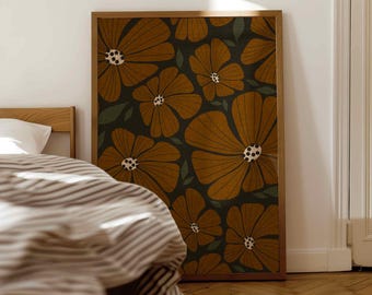 70s Retro Flower Print: Earthy Botanical Wall Art, Mid Century Modern Boho Decor