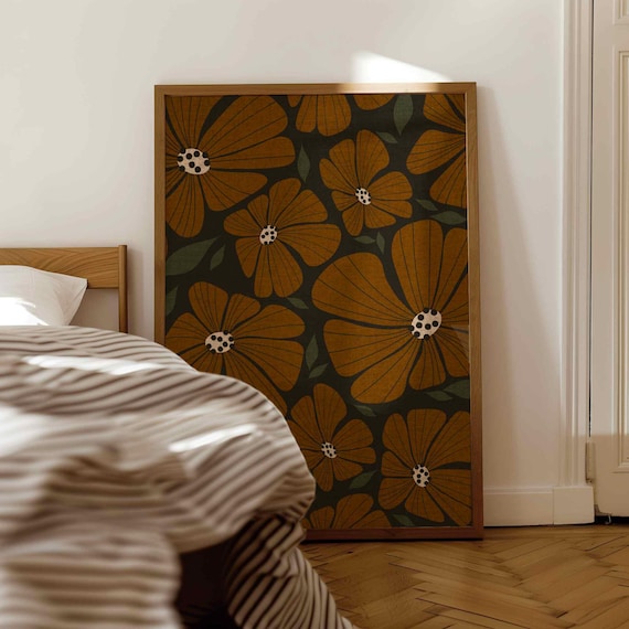 70s Retro Flower Print: Earthy Botanical Wall Art, Mid Century Modern Boho Decor