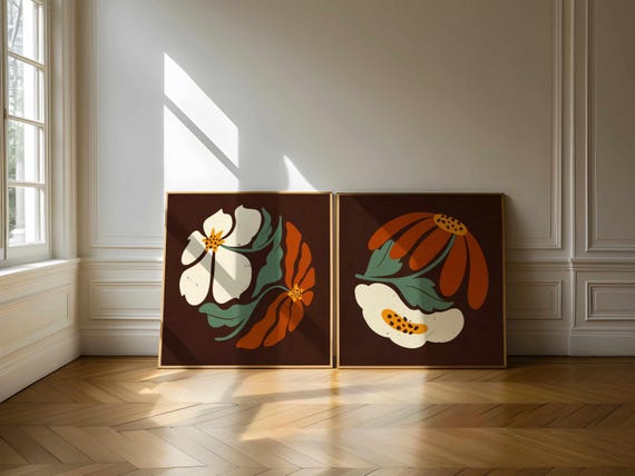Groovy Floral Print Set: 70s Retro Botanical Wall Art, Mid Century Modern Boho Decor