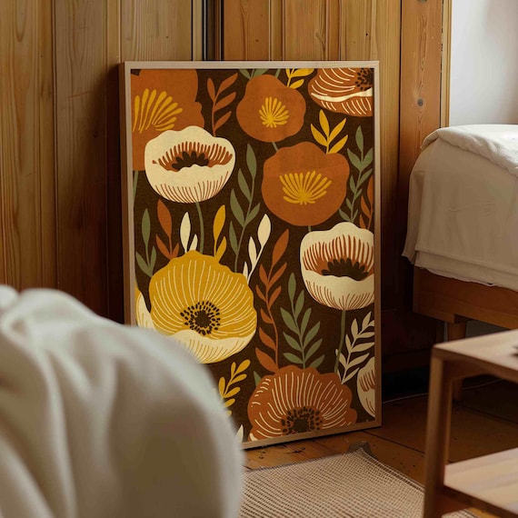Retro Floral Wall Art: 70s Groovy Botanical Print, Mid Century Modern Decor
