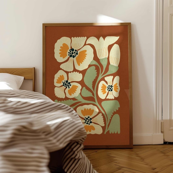 Retro Floral Print — Terracotta & Sage Matisse Botanical Art, Mid Century Modern Decor