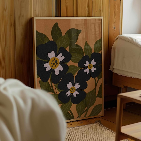 70s Retro Floral Print: Moody Botanical Wall Art, Autumn Home Decor