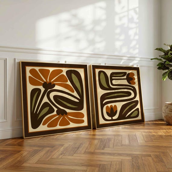 Framed Retro Floral Print Set: Olive & Rust Botanical Wall Art, Mid-Century Modern Decor