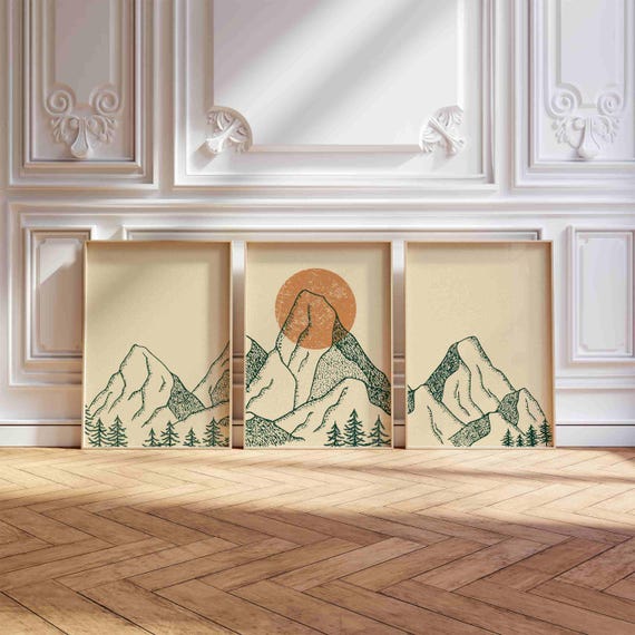 Japandi Mountain Print Set: Minimalist Landscape Triptych, Calm Nature Wall Art