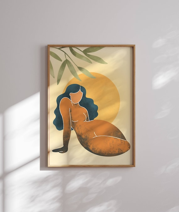 Black Woman Wall Art, Feminist Boho Portrait with Sun and Leaves – Confident Curvy Figure Print for Empowering Gifts & Modern Home Decor