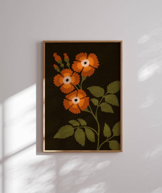 Vintage Style Flower Print, Dark Cottagecore, Retro Wall Art, Botanical Prints, Mid Century Wall Art, 70s Inspired, Farmhouse Wall Decor