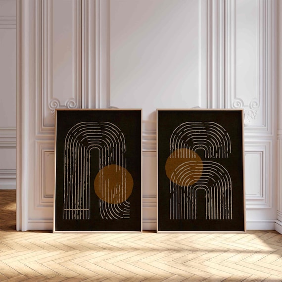 Mid Century Modern Geometric Print Set: Moody Abstract Wall Art, Minimalist Japandi Decor