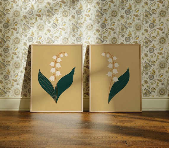 Vintage Lily of the Valley Print Set: Retro Botanical Wall Art, Neutral Boho Home Decor