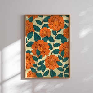Arte de pared botánico bohemio, estampado floral retro en cálidos colores veraniegos, póster floral estético de los años 70 para una decoración acogedora y vintage.