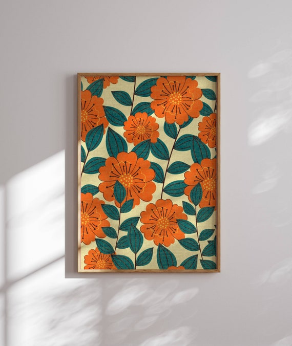 Boho Botanical Wall Art, Retro Floral Print in Warm Summer Colors, 70s Aesthetic Flower Poster for Cozy & Vintage Inspired Home Decor