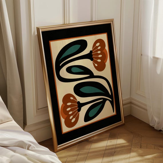 Retro Floral Print — Mid Century Modern Botanical Wall Art, Scandinavian Folk Art