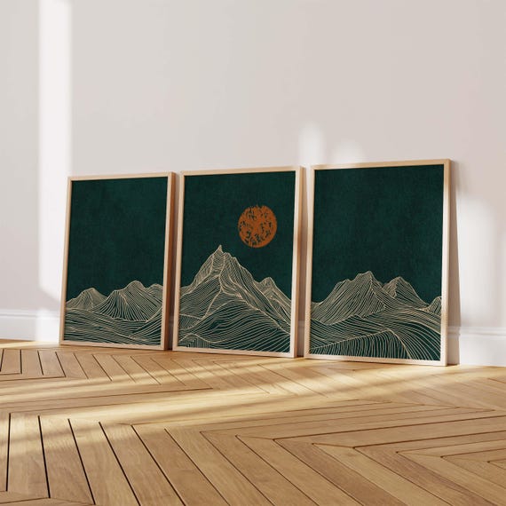 FRAMED Mountain Line Art Print Set: Emerald Green Landscape Triptych, Minimalist Japandi Decor