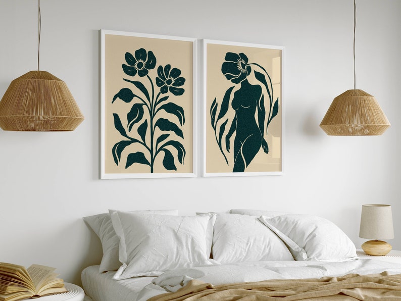 Mid Century Modern Print Set: Abstract Woman and Flower Wall Art ...