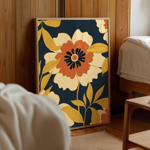 70s Floral Wall Art: Mustard & Navy Retro Botanical Print, Mid Century Modern Decor