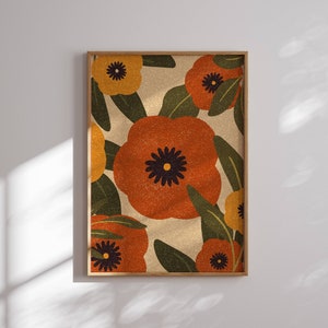 Póster de flores de los 70, estampado floral retro, arte mural de los 70, estilo vintage, decoración de mediados de siglo, arte mural retro, decoración de los 70