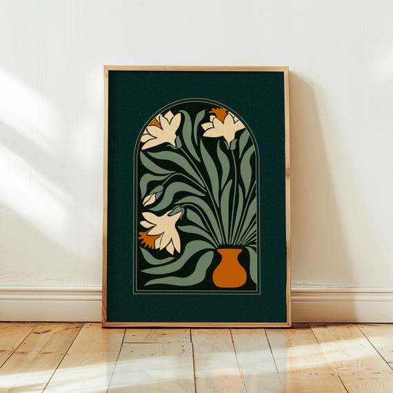 Abstract Daffodil Print: Mid Century Modern Floral Wall Art, 70s Retro Botanical Poster