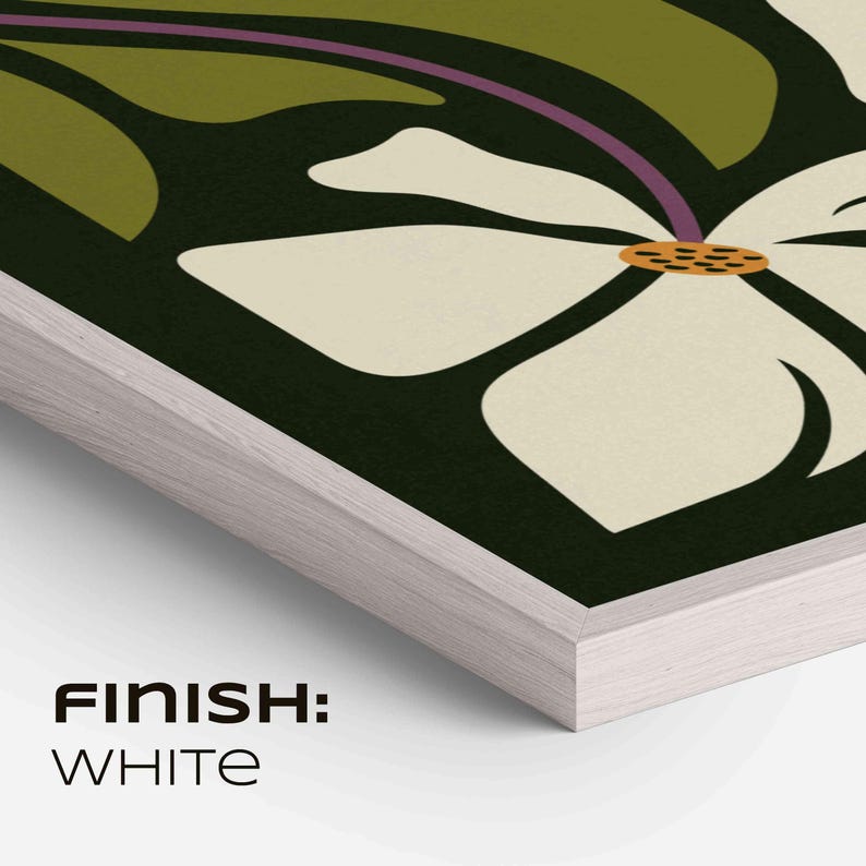 May include: A framed art print with a floral design in white, olive green, and dark tones. The frame has a white finish. The text "FINISH: WHITE" is visible. The artwork is suitable for home decor.