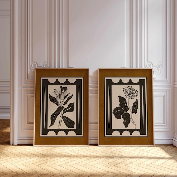 FRAMED Vintage Botanical Print Set: Earth Tone Floral Wall Art, Cottagecore Home Decor