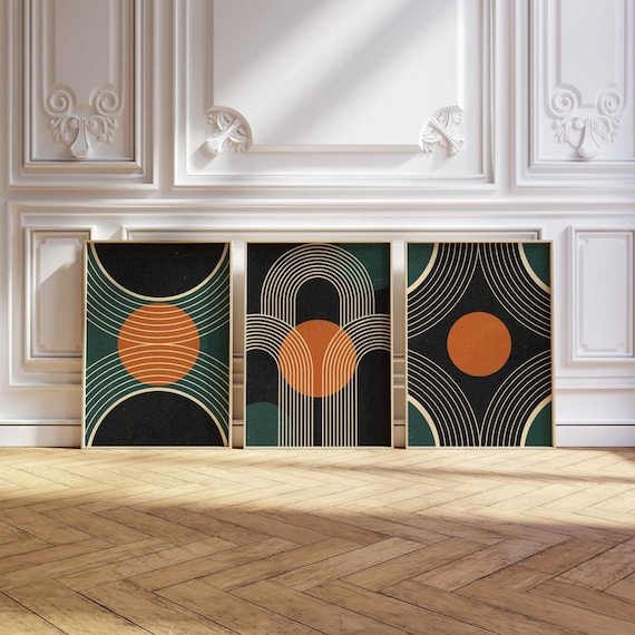 Mid Century Modern Geometric Print Set: Teal, Orange & Black Abstract Wall Art