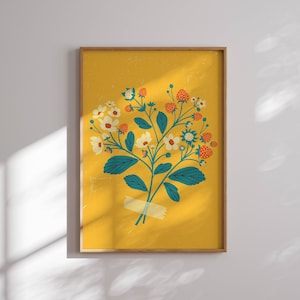 Poster luminoso con fiori anni '70, stampa artistica retrò, decorazione da parete anni '60, arte colorata, ispirata agli anni '70, arte da parete floreale, arte da parete groovy, stampe botaniche