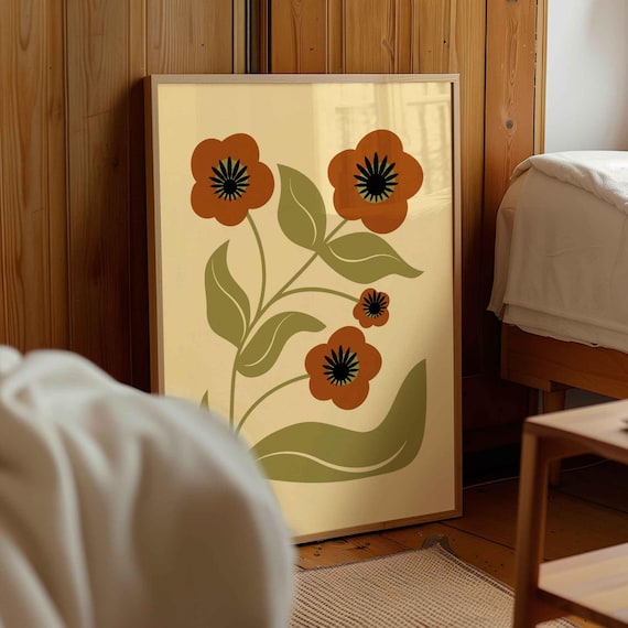 Retro Floral Print: Olive & Rust Botanical Wall Art, Mid Century Modern Decor