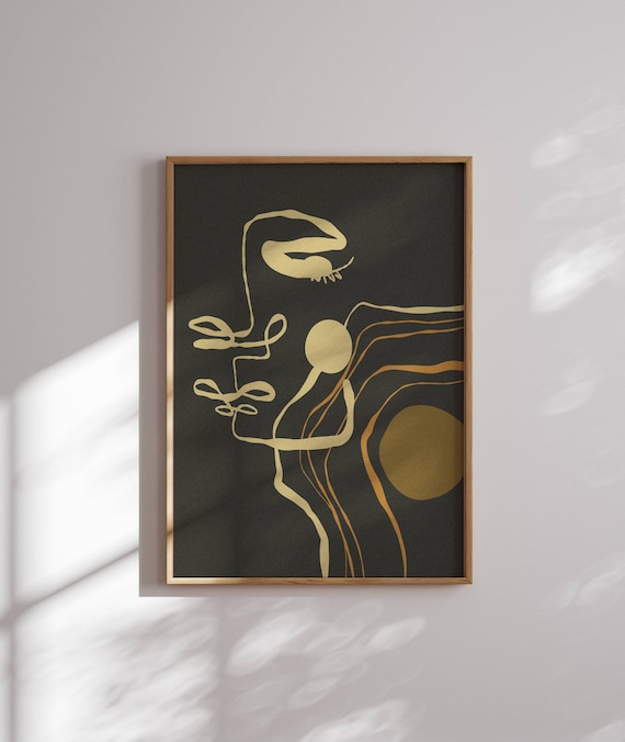 Minimalist wall art in mid-century modern style, featuring abstract golden lines on a dark background for a timeless, elegant look.