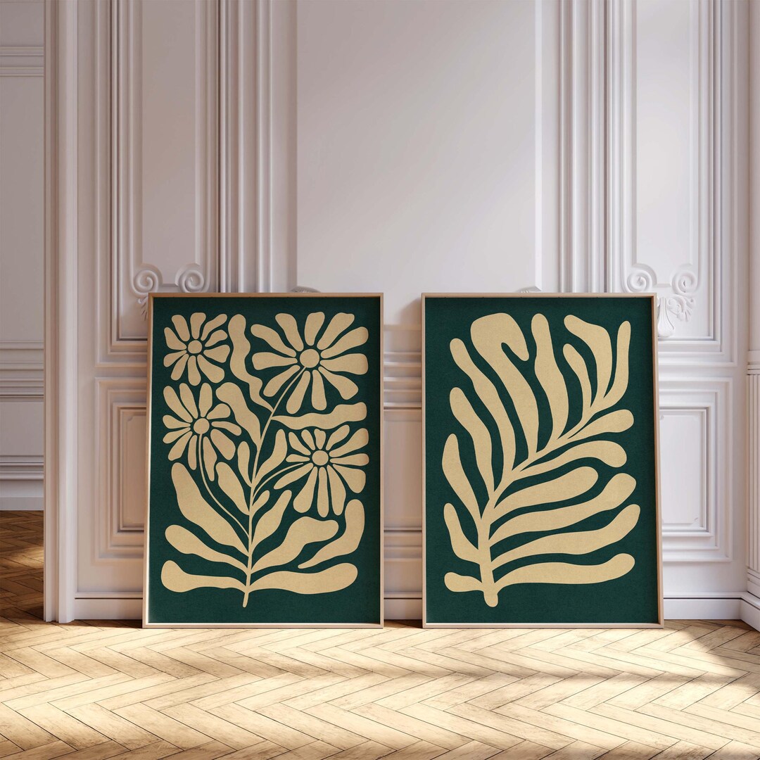Abstract Botanical Print Set: Teal & Cream Mid-century Modern Wall Art ...