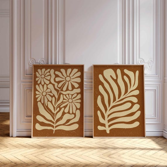 Retro Botanical Print Set: 70s Mid Century Modern Wall Art, Neutral Boho Home Decor