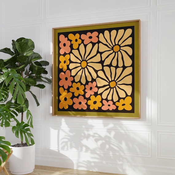 Groovy 70s Flower Art Print, Matisse Inspired Retro Wall Decor in Summer Colors, Mid Century Modern Botanical Poster, Vintage 60s Home Vibes