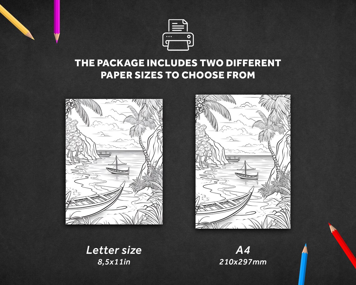 25 Coloring Pages Tropical Island, Printable Coloring Book, Sea, Beach ...