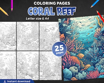 25 Páginas para colorear Arrecife de coral, Libro para colorear imprimible, Mar, Arrecife, Peces marinos, Peces marinos, Páginas para colorear para niños y adultos PDF